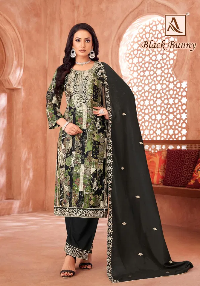 Black Bunny By Alok Suit Viscose Reyon Printed Embroidery Dress Material Suppliers In India